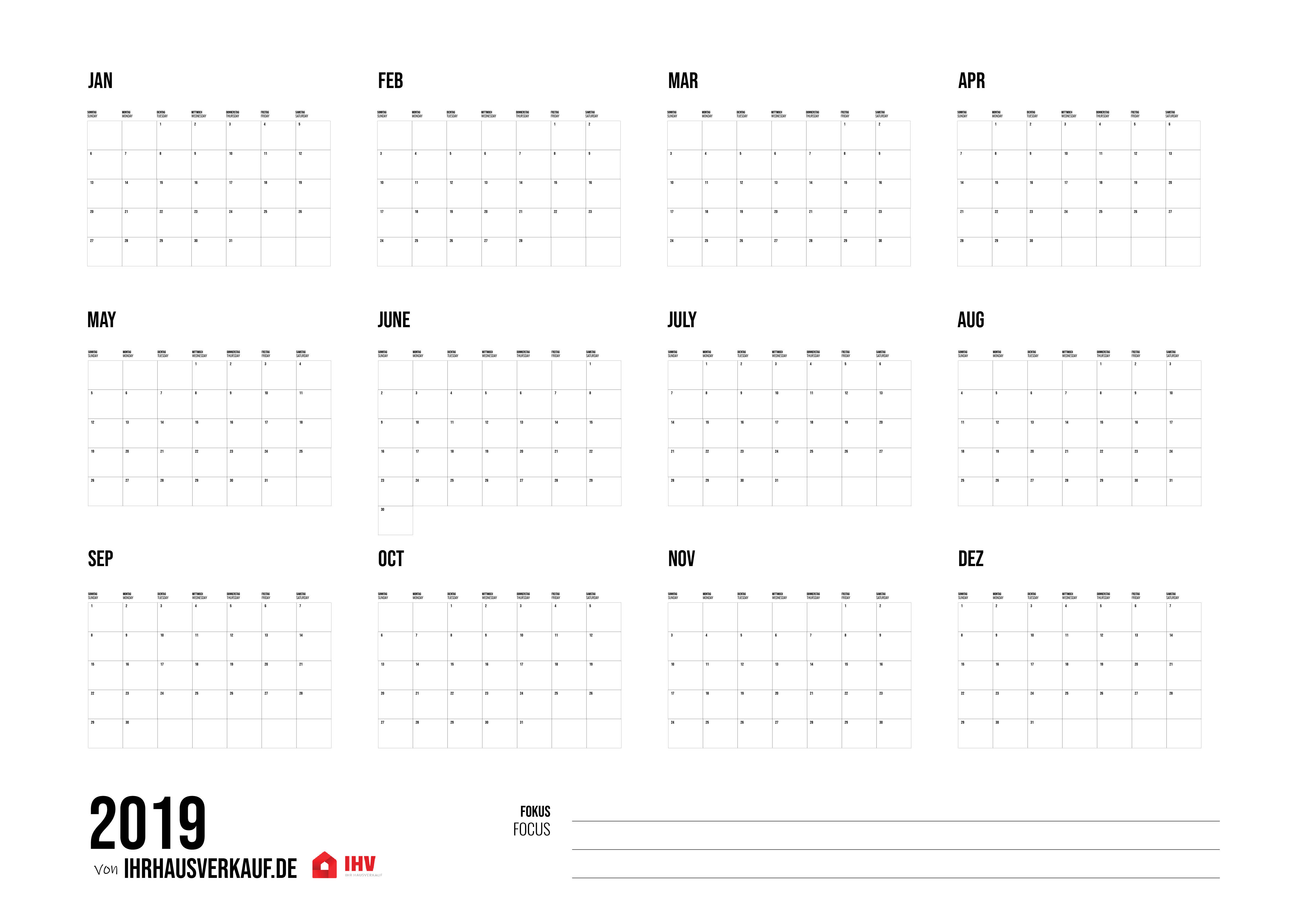 2019年日历要打印。所有月份和星期的PDF格式（12+1模板，免费）。