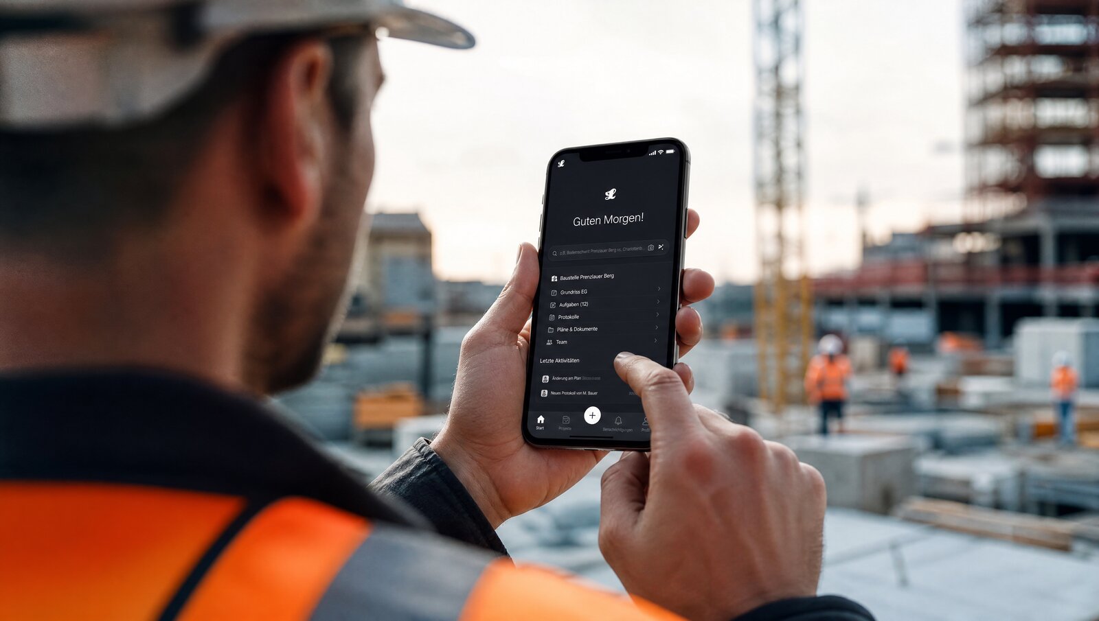 Hausverwalter prueft Projektuebersicht in der Lukinski Immobilien-KI App