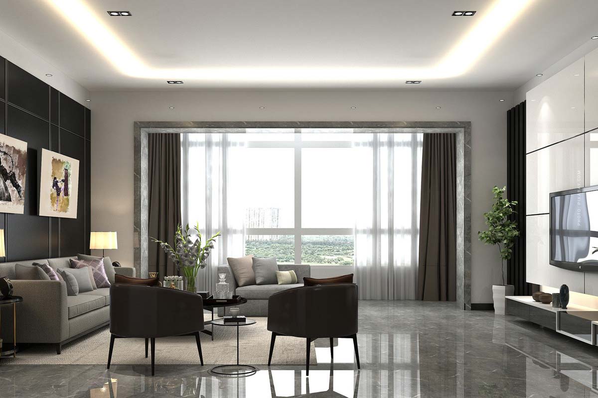 geräumiges Wohnzimmer mit Marmorboden, großem Fenster, Sofa, Fernseher und Dekoration