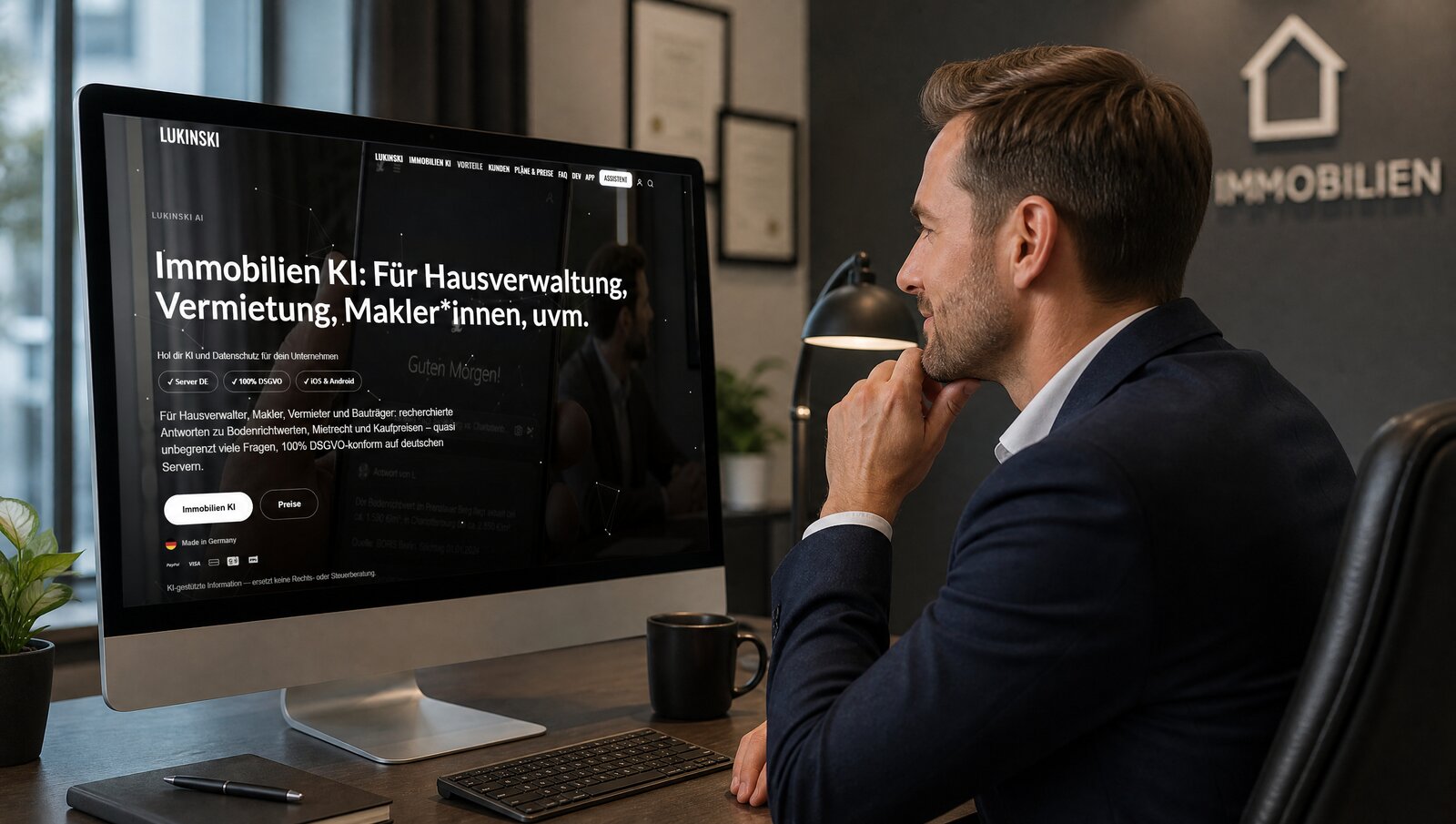 Immobilienmakler sitzt nachdenklich vor der Lukinski Immobilien-KI Webseite im Buero