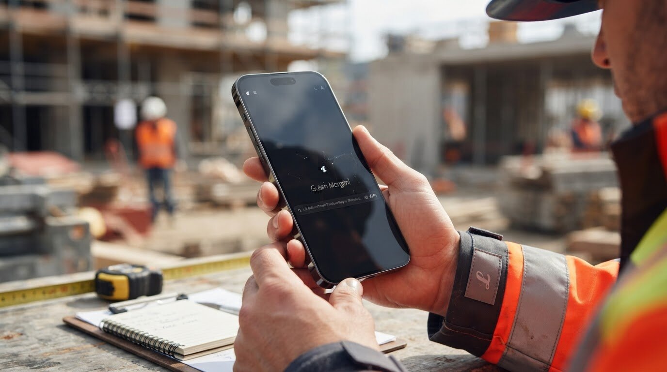 Bauarbeiter prueft Dokumente mit der Lukinski Immobilien-KI App direkt auf der Baustelle