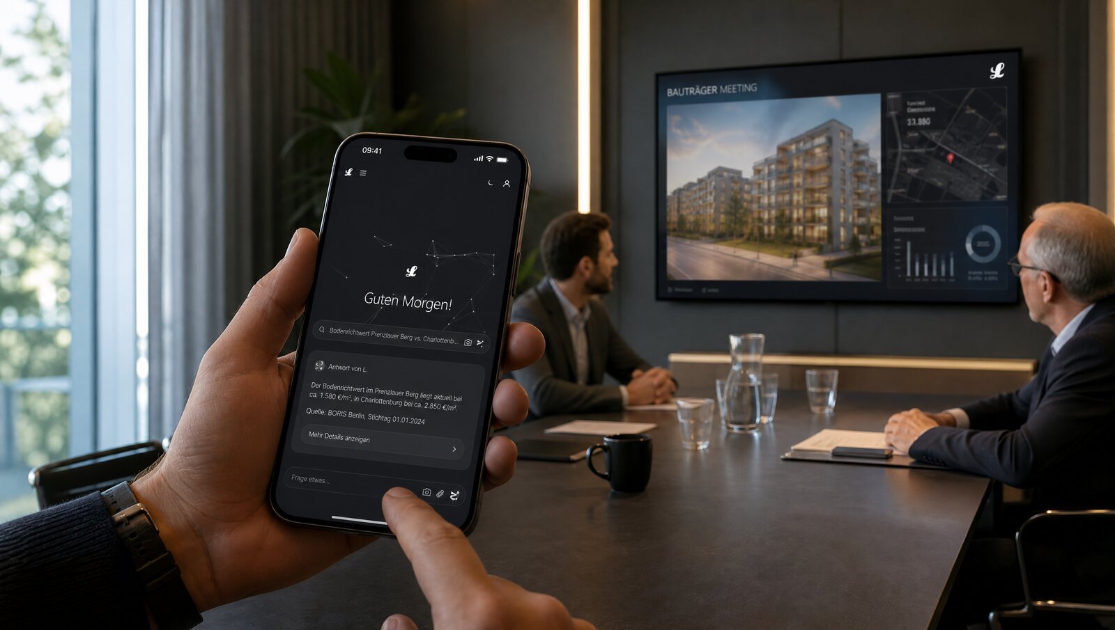 Immobilienprofi nutzt die Lukinski Immobilien-KI App im Meeting, um live den Bodenrichtwert abzufragen