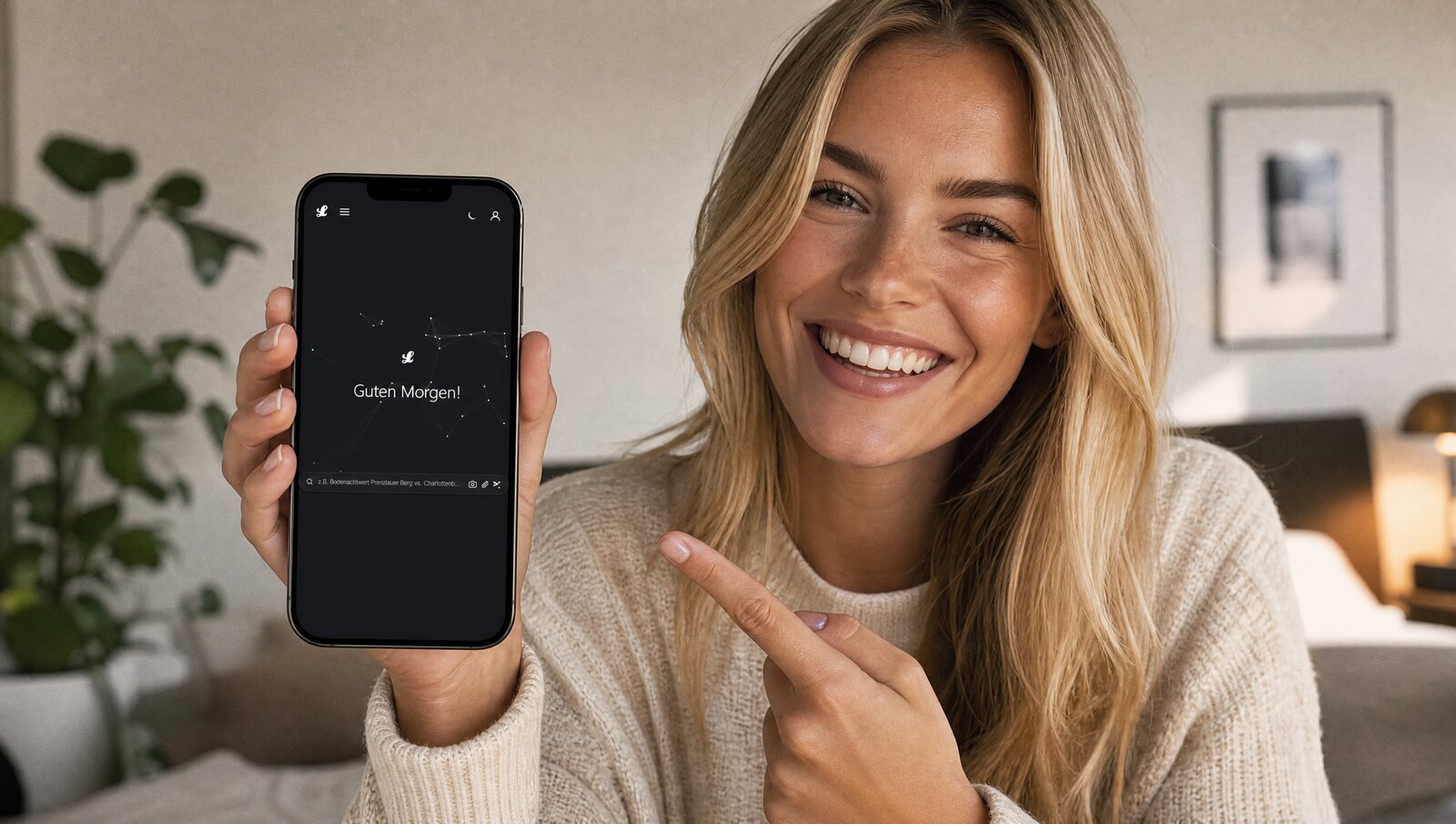 Vermieterin nutzt die Lukinski Immobilien-KI App zuhause, um den Mietvertrag zu pruefen