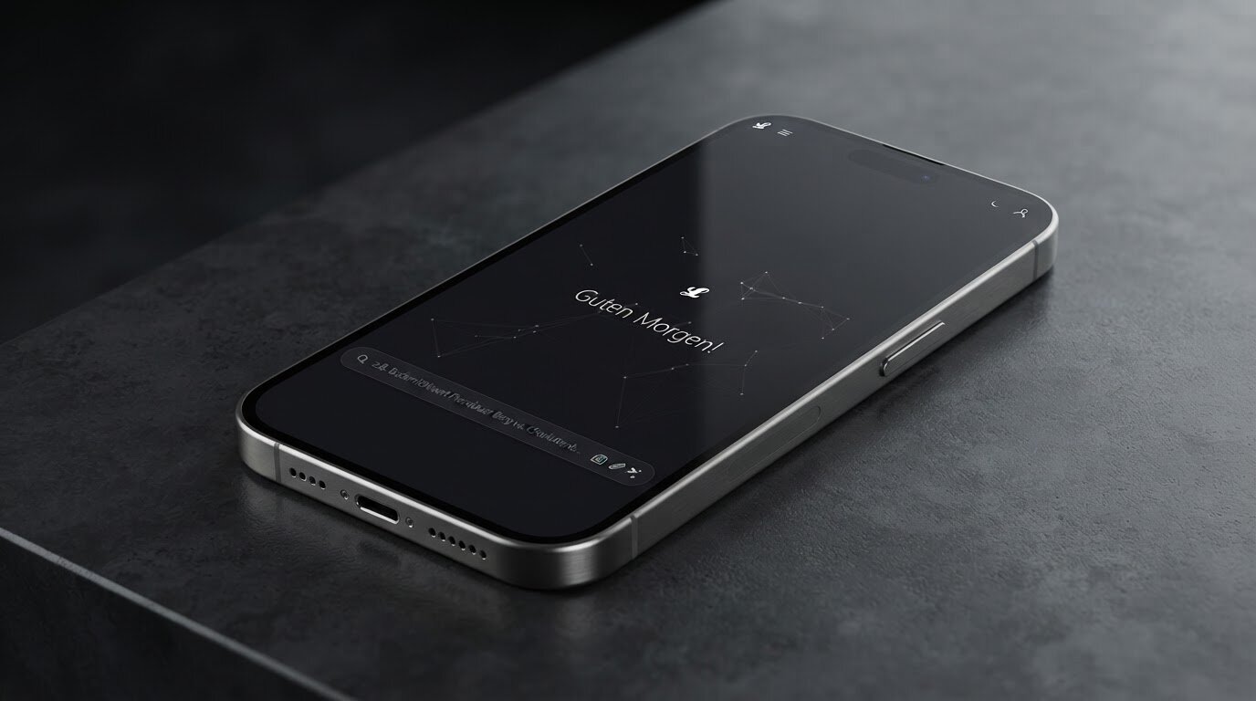 Immobilien-KI von Lukinski: Funktionen, Vorteile und so funktioniert sie Lukinski Immobilien KI App iPhone Produktfoto, dunkler Steintisch, Homescreen, Guten Morgen Begrüßung, minimalistisch, Server Deutschland, App Startbildschirm, Immobilien Assistent